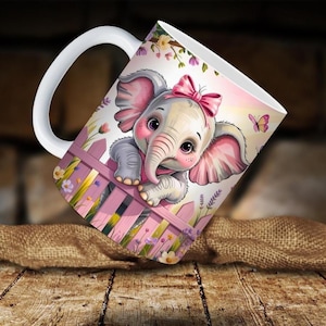 3D Baby Elephant Mug Wrap – 11 oz & 15 oz Hole‑in‑Wall Sublimation Template | Instant Digital Download