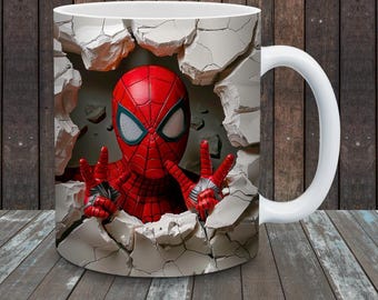 3D Effect superhero Cartoon Character Mug Wrap, 11 oz & 15 oz Mug Sublimation Wrap, Hole in a Wall Mug Wrap, Super Hero PNG Mug Template