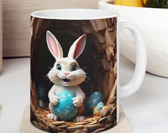 3D Effect Easter Bunny Mug Wrap, 11 oz & 15 oz Mug Rabbit Sublimation Wrap, Instant Digital Download, PNG Template, Instant Download Print