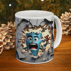 3D Effect Funny Blue Cartoonist Coffee Mug Face Mug Wrap, 11 oz & 15 oz  Cartoon Character Mug Sublimation Wrap, Instant Digital Download