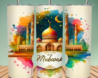 Eid Mubarak 2025 Tumbler Wrap | 20oz Skinny Islamic Tumbler Design | Eid Gifts PNG Sublimation File, Ramadan Digital Download