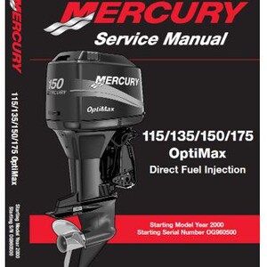 Könnte beinhalten: Ein schwarzes und silbernes Mercury OptiMax-Außenbordmotor-Servicehandbuch für die Modelle 115, 135, 150 und 175. Das Handbuch umfasst Modelle ab dem Modelljahr 2000 und der Seriennummer OG960500.