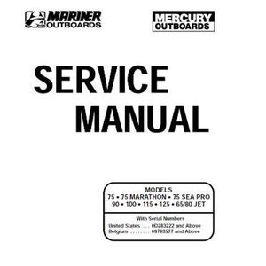 May include: Black and white service manual cover for Mariner and Mercury Outboards. The cover features the company logos and the text "SERVICE MANUAL". The manual covers models 75, 75 Marathon, 75 Sea Pro, 90, 100, 115, 125, 65/80 Jet.