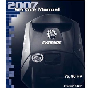 May include: A dark grey Evinrude E-TEC service manual cover. The cover features the text "2007 Service Manual" at the top, with the Evinrude logo and "Evinrude" text. The bottom right corner displays "75, 90 HP".