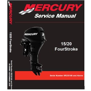 May include: A Mercury Service Manual for 15/20 FourStroke engines. The cover features the Mercury logo in red and white, with the engine model and serial number information. The manual is black, red, and white.