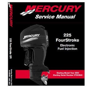 May include: A black and red Mercury 225 FourStroke Electronic Fuel Injection outboard motor service manual. The manual covers models starting in 2003 with serial numbers starting at 07653945.