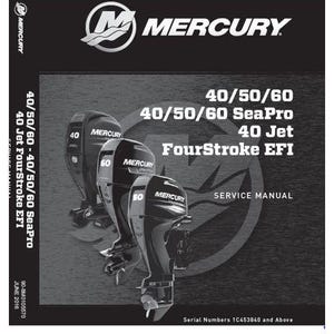 Op de afbeelding: Een servicehandleiding voor Mercury buitenboordmotoren. De cover is zwart met het Mercury-logo en de tekst "MERCURY" in het wit. De handleiding behandelt de modellen 40/50/60, 40/50/60 SeaPro en 40 Jet FourStroke EFI. De afbeelding toont drie zwarte buitenboordmotoren.