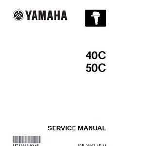 May include: Black and white Yamaha service manual for 40C and 50C outboard motors. The manual has the Yamaha logo and a small illustration of an outboard motor. The text "SERVICE MANUAL" is printed in black at the bottom of the page. The document number "LIT-18616-02-65" is printed in black at the bottom left corner of the page. The document number "63B-28197-1F-11" is printed in black at the bottom right corner of the page.