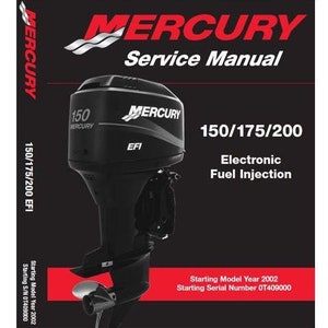 May include: A black Mercury service manual cover. The cover features a black outboard motor with the Mercury logo and the text "150/175/200 Electronic Fuel Injection." Additional text includes "Service Manual" and "Starting Model Year 2002."