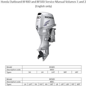 Può includere: Un motore fuoribordo Honda bianco con un'elica argentata. Il motore ha un'etichetta nera con il testo "HONDA" e "50". L'immagine include una tabella con il testo "BF40D", "BBDJ", "BF50D" e "BBEJ".