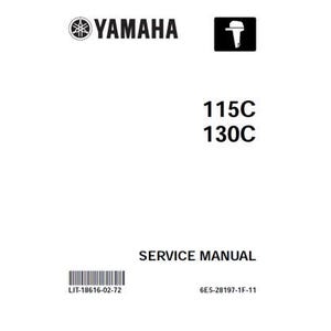 Könnte beinhalten: Schwarzweißes Yamaha-Servicehandbuch für 115C und 130C Außenbordmotoren. Das Cover zeigt das Yamaha-Logo und eine kleine Illustration eines Außenbordmotors. Der Text "SERVICE MANUAL" ist in Schwarz am unteren Rand des Covers gedruckt.