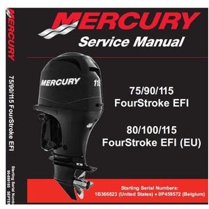 May include: A black Mercury outboard motor with the text "MERCURY" and "Service Manual". The image also includes the text "75/90/115 FourStroke EFI" and "80/100/115 FourStroke EFI (EU)".