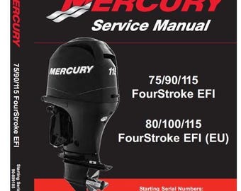 Manual de servicio para motores fueraborda Mercury de 4 tiempos de 75, 90 y 115 CV (80, 100 y 115 CV en Europa) con inyección electrónica de combustible (EFI). Números de serie iniciales: 1B366823 (EE. UU.) y 0P459572 (Bélgica). Revisión 2006.