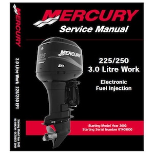 Puede incluir: Un motor fueraborda Mercury 225/250 3.0 Litre Work negro con inyección electrónica de combustible. El motor tiene un esquema de color negro y rojo y una etiqueta blanca con el texto "Mercury" y "EFI". El manual de servicio es para modelos a partir de 2002.