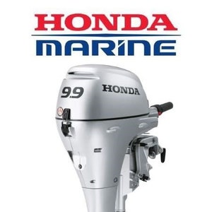 May include: A silver Honda 9.9 outboard motor with a black handle and a black Honda logo on the side.