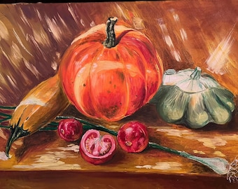 野菜のある静物画、カボチャの油絵、秋の静物画、農家の装飾アート