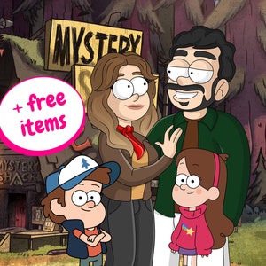Gravity Falls, retrato familiar personalizado de Gravity Falls, retrato en estilo de dibujos animados, retrato familiar personalizado, dibujo de novia, ¡regalo para un niño!