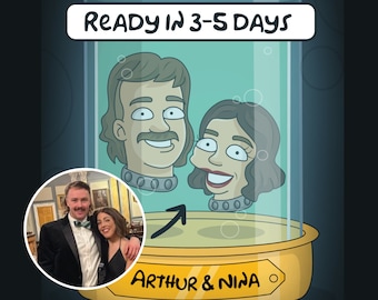 Digital illustration av familjeporträtt, specialanpassat familjeporträtt i stil med futurama, futuramaporträtt, parporträtt, tecknat porträtt