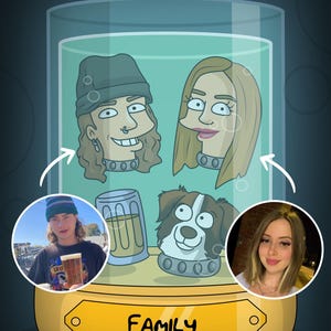 Peut inclure: Une illustration de dessin animé d'une famille à l'intérieur d'un bocal en verre. Le bocal a un bord doré et le mot "FAMILLE" écrit dessus. La famille comprend un homme aux cheveux longs et un chapeau noir, une femme aux longs cheveux blonds, un chien et un verre de bière.