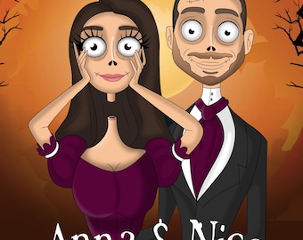 May include: A cartoon illustration of a couple in a spooky style. The woman wears a dark purple dress and the man a black suit. The text "Anna & Nico" is at the bottom. The background is orange with bare tree branches.