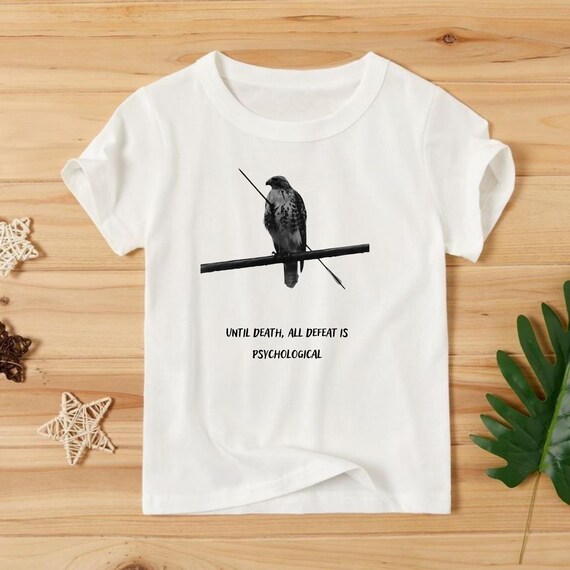Minimalist Hawk Quote T-Shirt, Motivational “Until Death All Defeat Is Psychological” Graphic Tee, Inspirational Unisex Casual Shirt