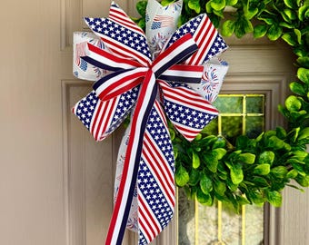 Handmade Patriotic Wreath Bow, American Flag Ribbon Decor