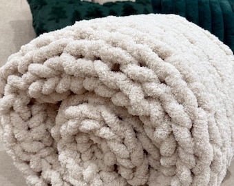 Handmade Chunky Knit Blanket, Ivory Throw, Cozy Home Decor