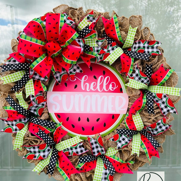 Summer Watermelon Wreath, Hello Summer, Burlap Wreath, Front Door Summer Wreath, Watermelon Decor, Watermelon Wreath, Summer decoration