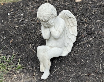 Angel Stone Statue 11" Concrete Weeping Angel Sculpture Memorial Garden Decoration Cherub Grave Statuary Lawn Yard Ornament Religious Decor