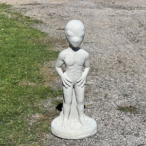 May include: A gray concrete statue of an alien with a muscular build. The alien is standing with its hands on its hips and has a large head with large eyes.