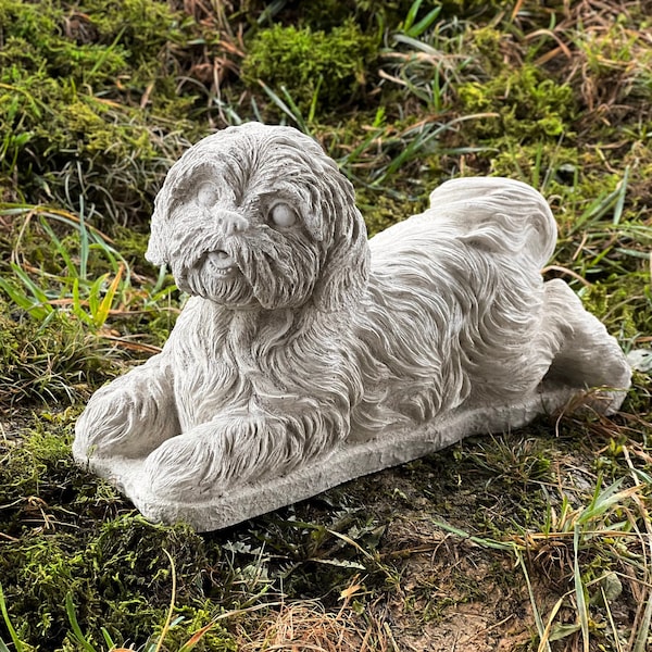 Laying Shih Tzu Dog Statue Concrete ShihTzu Memorial Sculpture Stone Puppy Figurine Garden Memorial Dog Statuary Handmade Cement Decoration