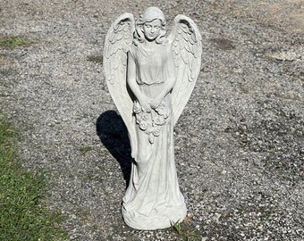 Massive Stone Angel Statue 33" Guardian Cement Cherub Lawn Ornament Concrete Cemetery Grave Memorial Yard Decor Outdoor Religious Statuary