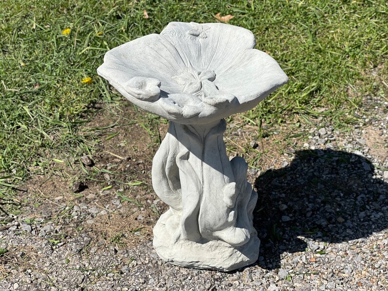 K&ouml;nnte beinhalten: Ein graues Vogelbad aus Beton in Form einer Blume mit einer breiten, flachen Schale und einem detaillierten Sockel. Der Sockel ist so gestaltet, dass er Bl&auml;tter und Stiele nachahmt.