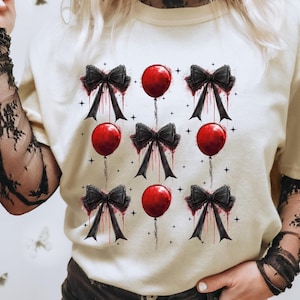 You'll float, too Red Balloon and Black Bow T-shirt | Horror Balloon Pattern