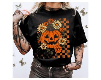Halloween Kürbis Blumen T-Shirt: Elder Emo Vibes, Unisex Baumwoll-T-Shirt