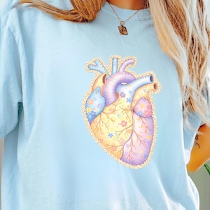-shirt coeur anatomique en patchwork floral printanier | Chemise vintage de cardiologie médicale médicale