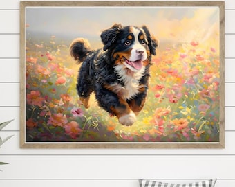 Impresión artística de un campo de flores silvestres de perro de montaña bernés (descarga digital)