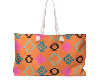 Southwestern Weekender Bag, Bohemian Travel Tote, 100% Spun Polyester