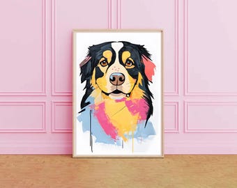 Bernese Mountain Dog Wall Art, DIGITAL DOWNLOAD, Printable Wall Art, Dog Lover, Colorful Art