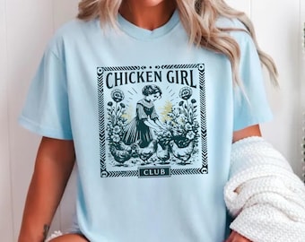 'Chicken Girl Club' T-Shirt, Bauernhaus-T-Shirt, Geschenk für Hühnerliebhaber, Gartenbekleidung, Vintage-Stil, Gehöft Geschenk für sie