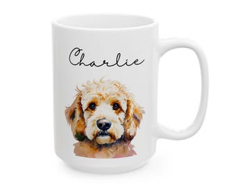 May include: White ceramic mug with a watercolor illustration of a golden doodle dog with the name "Charlie" written in black cursive.