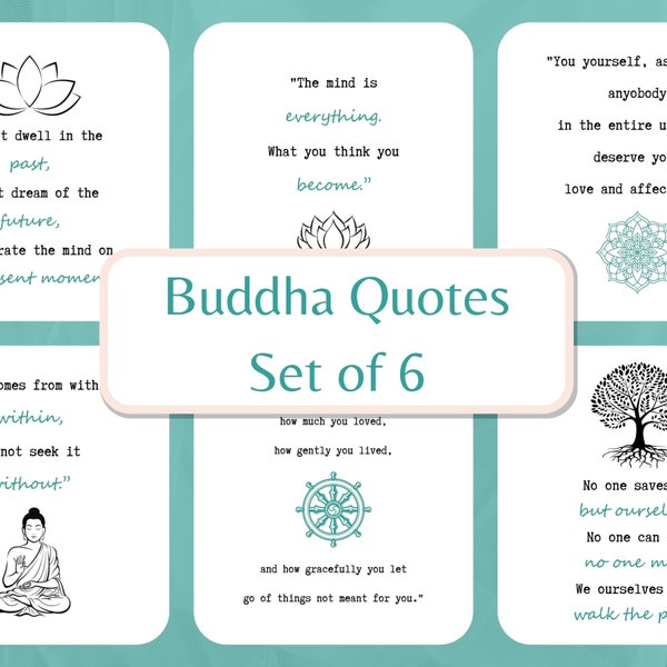 Buddha Quotes Digital Art - Set of 6 Printables - Mindfullness Quotes - Spiritual Decor - Yoga Studio Decor - Mandala Lotus Flower Wall Art