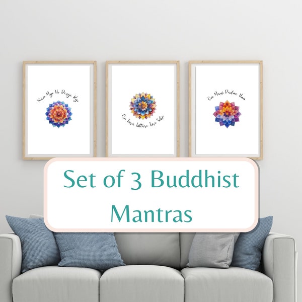 Om Mani Padme Hum - Set of 3 Affirmation Mantras - Spiritual Wall Decoration - Mantra Poster - Healing Energy - Tibetan Meditation