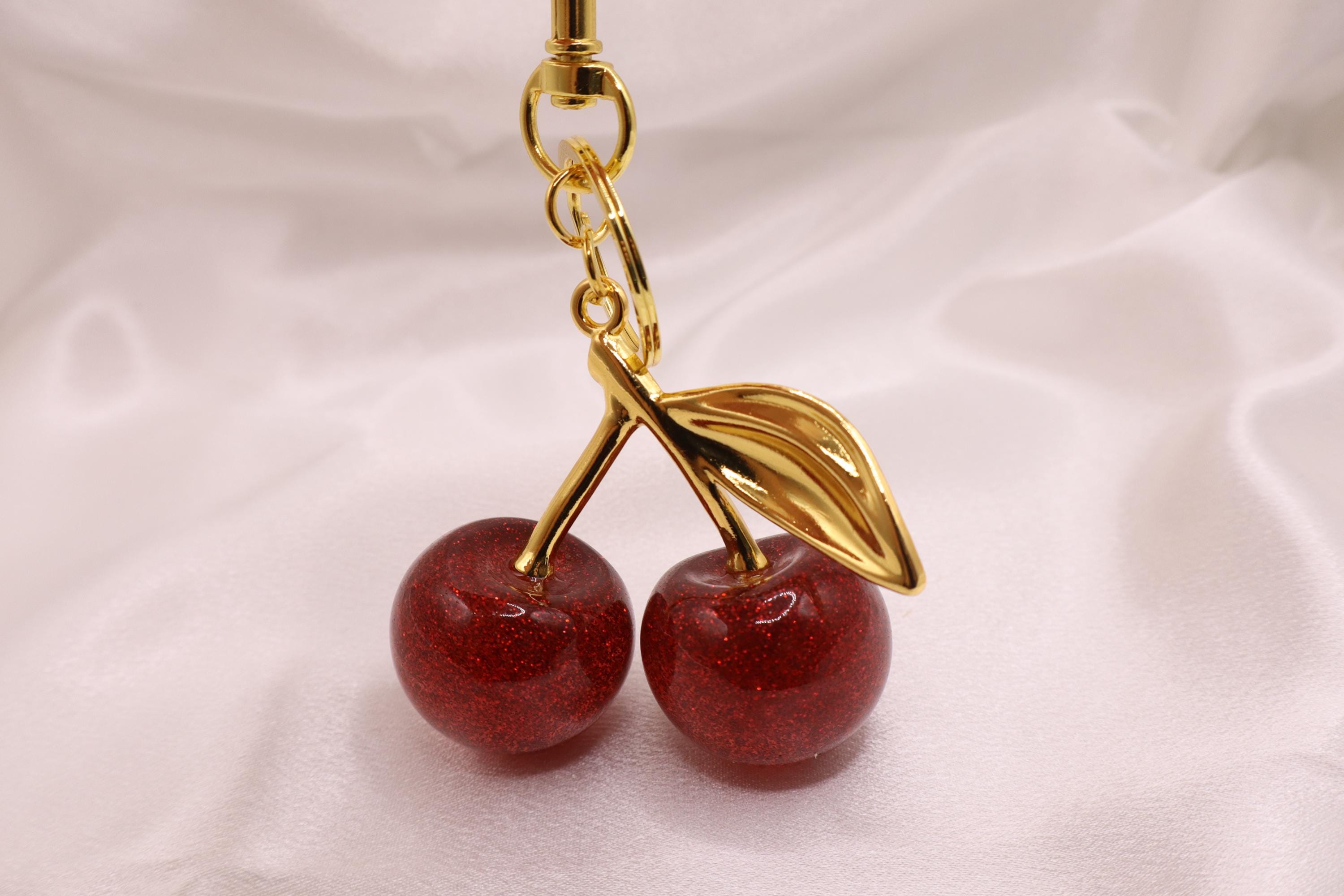 Ptwola 2-Pack Cherry Keychain With Soft Pom - Cute Bag Charm & Car Accessory (Burgundy)