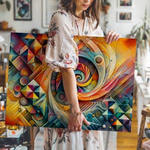 Canvaskunst, abstracte geometrische patronen, kleurrijke spatten, ontwerp met textuur, muurdecoratie, woondecoratie