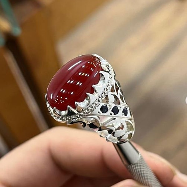 Blood Red Aqeeq Ring Sterling Silver Natural Mens Agate Ring Yemeni Aqeeq Ring Sterling Silver 925