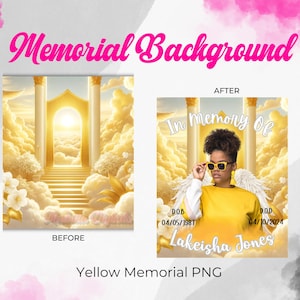 Puede incluir: Un fondo digital para memorial con una puerta dorada y nubes. El texto "In Memory Of" está en la parte superior de la imagen. El texto "D.O.B 04/05/1987" y "D.O.D 04/10/2024" están debajo del texto "In Memory Of". El texto "Lakeisha Jones" está en la parte inferior de la imagen.