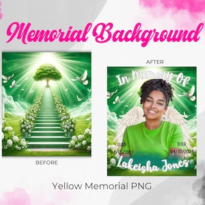 Puede incluir: Un fondo conmemorativo con una escalera verde que conduce a un árbol con palomas blancas volando a su alrededor. El texto "In memory of" está en la parte superior de la imagen con el texto "Lakeisha Jones" en la parte inferior. Las fechas "04/05/1987" y "04/10/2024" también están incluidas.