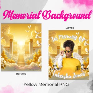 May include: A yellow memorial background with a golden gate and clouds. The text "In memory of" is at the top of the image, with the name "Lakeisha Jones" and dates of birth and death below.