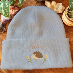 Hand Embroidered Dachshund Beanie: Daisy, Wildflower & Bee - Acrylic Winter Hat